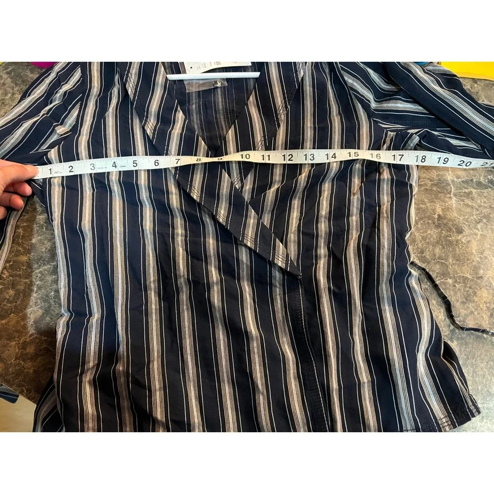 J.Crew Women Navy Blue White Striped Wrap Top Shawl Collar Long Sleeve XS‎ BG322